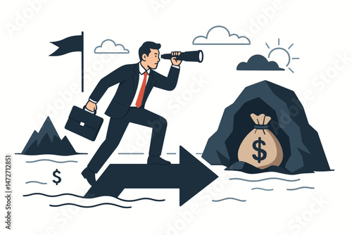 Strategic business vision concept: Man with briefcase and spyglass follows arrow towards hidden treasure money bag, seeking financial opportunity, profit, and success vector.