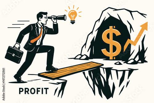 Visionary entrepreneur with innovative idea crosses risky chasm using plank bridge, seeking financial profit and growth symbolized by dollar sign and arrow in a cave vector illustration.