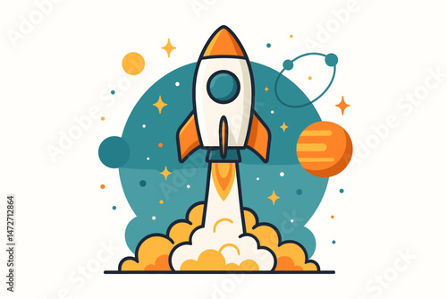 Startup rocket launch vector illustration. Cartoon spaceship blasting off into outer space with stars and planets background. Flat design concept for business growth, innovation, success.