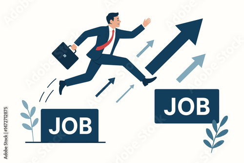 Vector illustration of ambitious businessman making a strategic career move, jumping to a better job. Concept represents growth, promotion, advancement, success, and new opportunities.