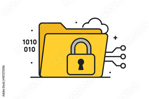 Secure Cloud Data Storage concept vector graphic featuring locked yellow folder, binary code, and network connections illustrating digital file protection, cybersecurity, and information privacy.