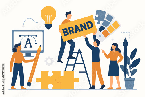 Building Brand Identity concept flat vector illustration. Teamwork in marketing agency creating corporate logo, choosing colors, developing strategy with design tools and creative ideas.
