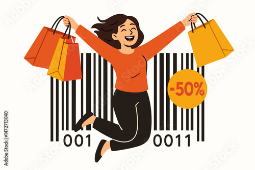 Joyful woman jumping with shopping bags against a barcode background, celebrating a 50% discount during a big sale event. Flat vector illustration for retail promotion.