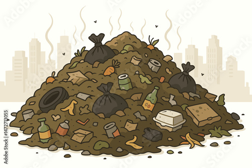 Vector Illustration of Overflowing Landfill Pile with City Background. Depicting Urban Waste Management Crisis, Environmental Pollution, Trash Disposal Issues, and Stinking Garbage.