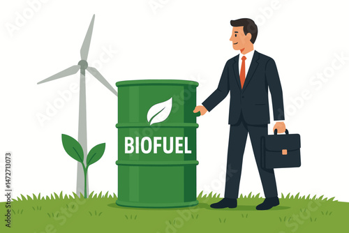 Professional man promoting sustainable biofuel and wind power investment. Green business concept with renewable energy sources, barrel, turbine, and plant vector illustration.