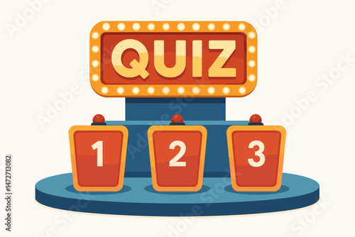 Retro style quiz show illustration with illuminated "QUIZ" sign and contestant podiums numbered 1-3 with buzzers. Vector design for game nights, trivia challenges, and interactive concepts.