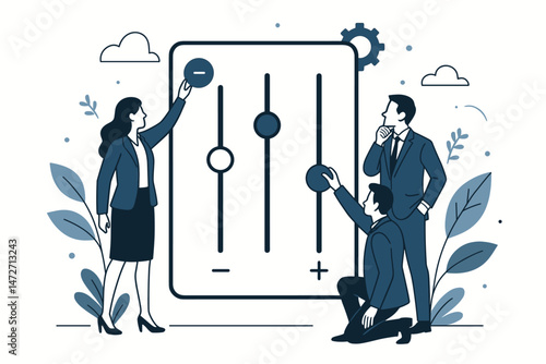 Business team collaborating on a digital control panel interface, adjusting sliders for optimization and strategy. Modern flat vector illustration concept for technology and management.