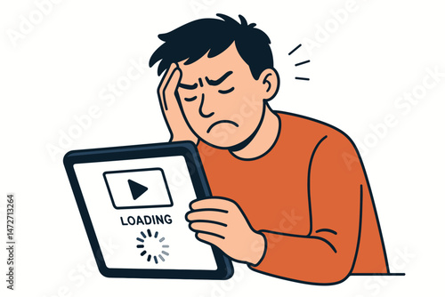 Impatient man feeling stressed and frustrated while waiting for slow video loading buffer on tablet screen. Annoyed user dealing with poor internet connection. Vector illustration.