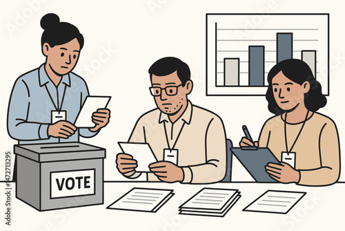 Vector illustration of election workers carefully counting votes and tallying ballots at a polling station. Team analyzing democratic process results with bar chart background.