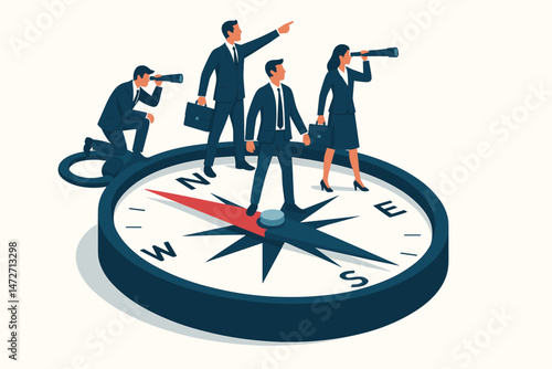 Corporate leadership team using a compass for strategic navigation, symbolizing business vision, goal setting, teamwork, and searching for future opportunities with telescopes.