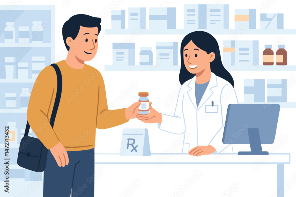 Pharmacist woman in lab coat gives prescription pills bottle to male customer at pharmacy counter. Healthcare professional providing medical service. Flat vector illustration. Pharmacist woman in lab coat gives prescription pills bottle to male customer at pharmacy counter. Healthcare professional providing medical service. Flat vector illustration.