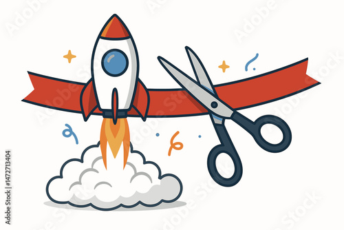 Business startup launch concept vector with rocket blasting off and scissors cutting red ribbon for grand opening ceremony. Flat illustration icon for new project kick-off celebration.
