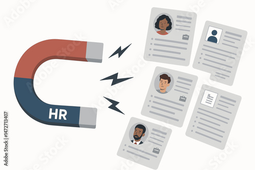 Recruitment concept with HR magnet pulling diverse candidate resumes and CVs, illustrating talent acquisition strategy, workforce diversity, inclusion, and hiring process vector graphic.