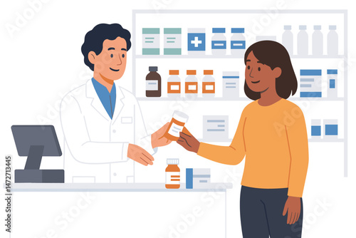 Friendly male pharmacist serving a female customer at the pharmacy counter, handing over prescription medication bottle. Professional healthcare service interaction vector illustration.