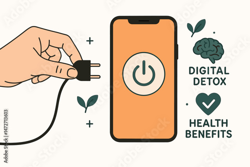 Smartphone Addiction Break: Vector Graphic Illustrating Digital Detox Benefits, Unplugging Phone for Mental Clarity and Improved Health, Promoting Mindful Technology Use.