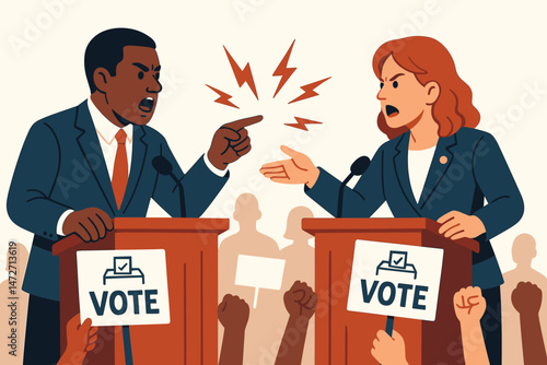 Heated political election debate vector illustration with diverse candidates arguing at podiums in front of a crowd holding vote signs, symbolizing political conflict and democracy.