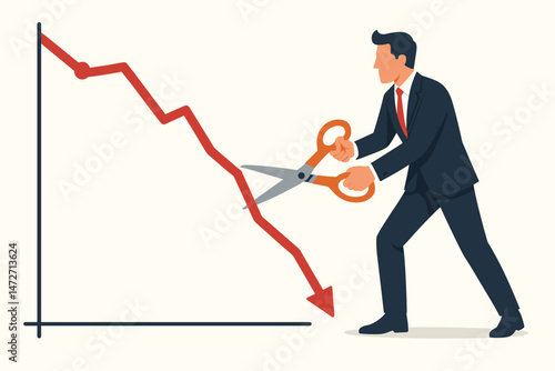Businessman cutting falling graph line with scissors to stop financial loss and reverse negative trend, economic crisis management and business recovery strategy concept vector art.