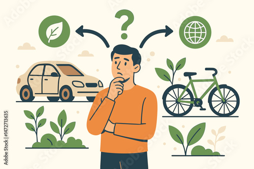 Vector concept of choosing sustainable transport: Thoughtful man deciding between polluting car and eco-friendly bicycle, environmental awareness and green lifestyle choice illustration.