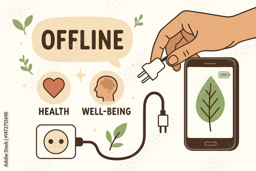 Digital detox concept illustration showing hand unplugging smartphone for better health and well-being. Promoting offline time, mindfulness, and disconnecting from technology vector.