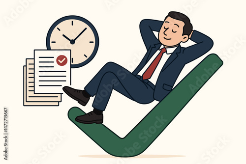 Vector illustration of a happy manager leaning back on a checkmark, signifying finished tasks, successful project delivery, and relaxation after achieving business goals on time.