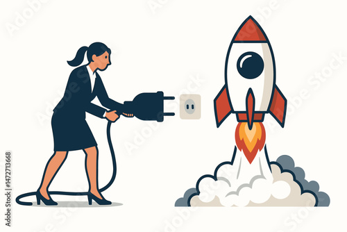 Powering the startup rocket launch: Businesswoman connects massive electric plug to socket, symbolizing new business venture energy, innovation boost, and strategic connection.
