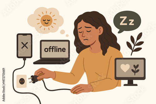 Tired woman disconnecting from technology, unplugging laptop for digital detox and improved mental wellness. Vector illustration promoting offline time, rest, sleep, and reducing screen exposure.