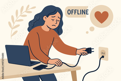 Flat vector illustration depicting a woman unplugging her laptop and phone for a digital detox, choosing offline time for mental health, wellbeing, and reduced screen time.