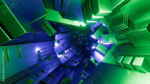 3D render. Abstract blue and green geometric background. Volumetric blocks illuminated with blue and green neon light