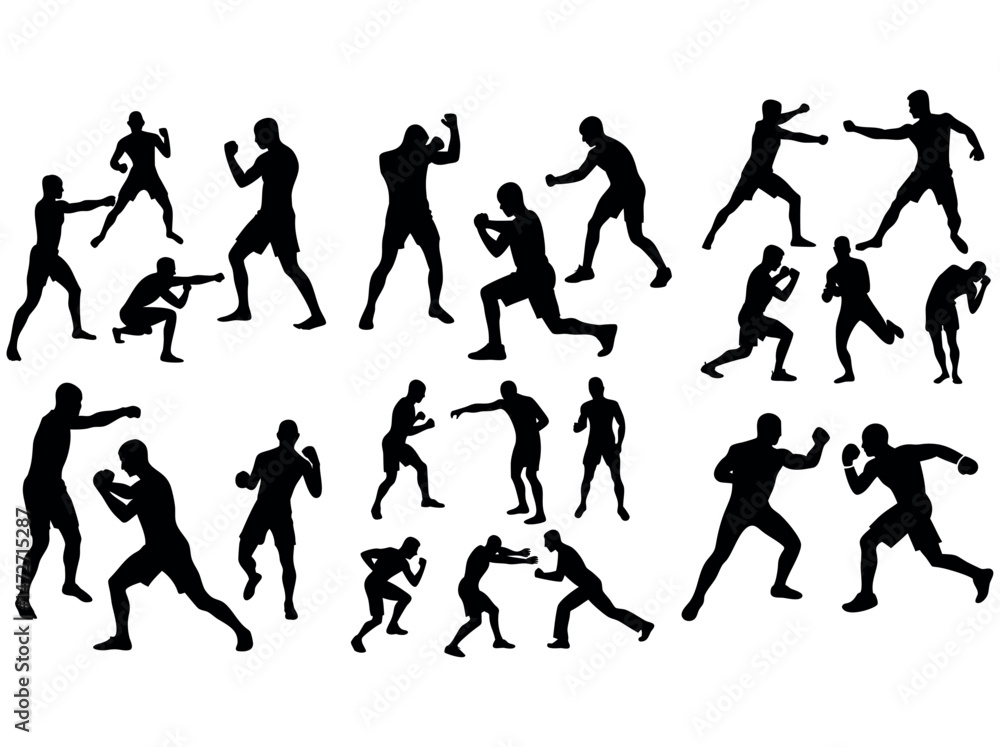 Obraz premium Boxing Martial Arts Silhouette Designs for Graphic Design, Boxing Silhouettes of Athletes in Action, boxing, martial arts, silhouettes, design, graphic design, sports, action, combat, fighting, punch,