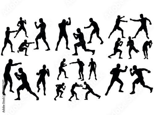 Boxing Martial Arts Silhouette Designs for Graphic Design, Boxing Silhouettes of Athletes in Action, boxing, martial arts, silhouettes, design, graphic design, sports, action, combat, fighting, punch,