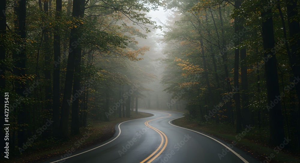 Fototapeta premium Winding road through a foggy forest with trees lining the path and yellow lines on the road surface