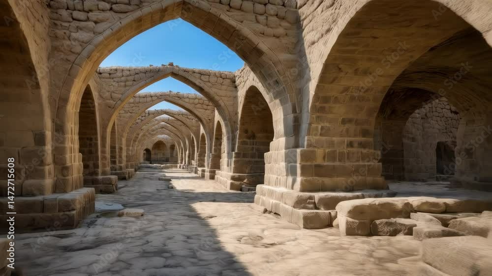 Ancient stone arched corridor architecture under a blue sky, featuring weathered walls and a repeating symmetrical pattern. Ancient stone arched corridor architecture under a blue sky, featuring weathered walls and a repeating symmetrical pattern.