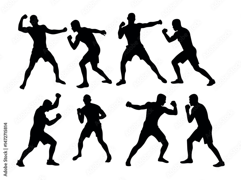 Fototapeta premium Boxing Martial Arts Silhouette Designs for Graphic Design, Boxing Silhouettes of Athletes in Action, boxing, martial arts, silhouettes, design, graphic design, sports, action, combat, fighting, punch,