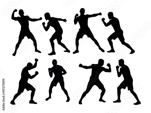 Boxing Martial Arts Silhouette Designs for Graphic Design, Boxing Silhouettes of Athletes in Action, boxing, martial arts, silhouettes, design, graphic design, sports, action, combat, fighting, punch,