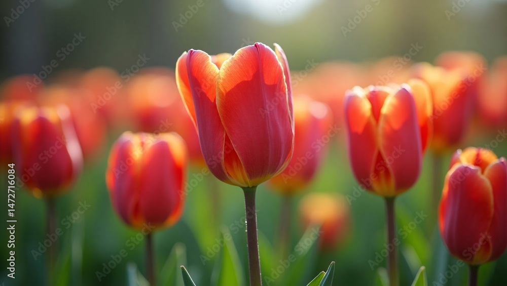 Field of Vibrant Red Tulips Glowing in Warm Sunset Light Field of Vibrant Red Tulips Glowing in Warm Sunset Light