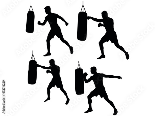 Men Punishing Punching Bags, collection of dynamic black silhouette illustrations of men engaged in boxing training with punching bags. boxing, punching bag, boxing training, fitness, martial arts, sp