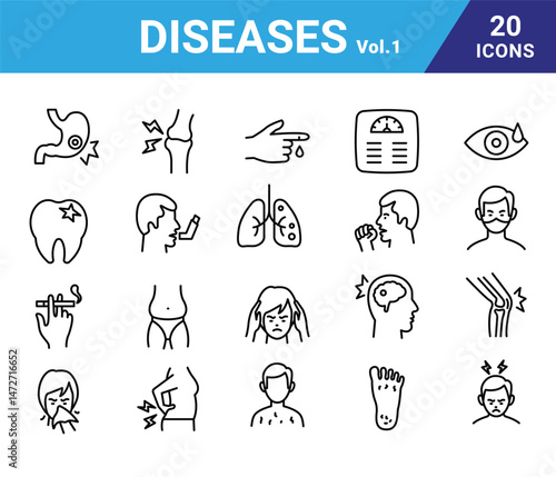 Diseases vector line icon set.