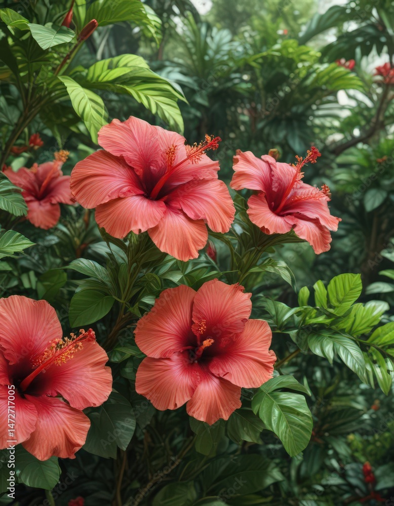 Obraz premium Large exotic hibiscus flowers amidst dense tropical greenery , bright, Hibiscus, colorful