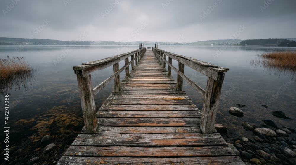 Fototapeta premium Weathered wooden pier stretching over calm lake under overcast cloudy sky.