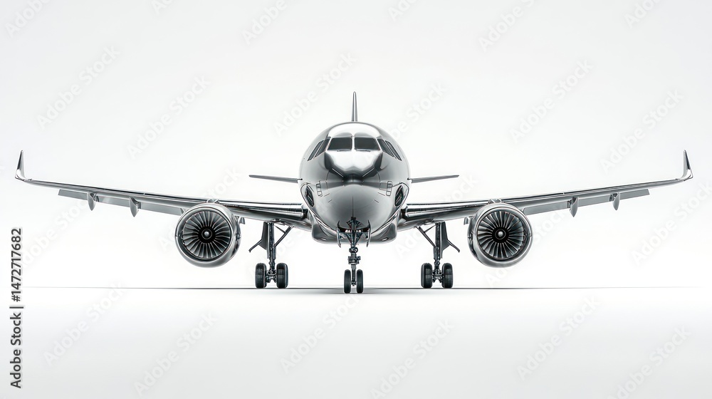 Fototapeta premium Silver airplane, front view, studio, isolated background, travel