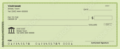 Blank check template, bank cheque vector, customizable design, printable layout.