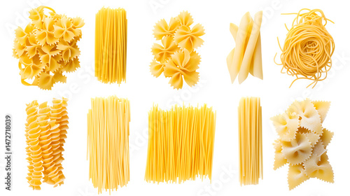 Collection of different italian pasta types, from left to right linguine, farfalle, spaghetti, penne, tagliatelle, isolated on white background
