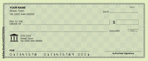 Blank check, bank cheque design, vector format, Blank check template, bank cheque vector, customizable design, printable layout, financial document.