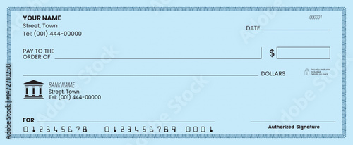 Bank cheque vector, customizable design, printable layout, financial document.