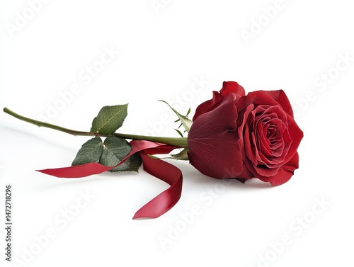 Elegant Red Rose with Green Leaves and a Delicate Ribbon on White Background for Romantic Occasions, Celebrations, and Wedding Decor Enhancements