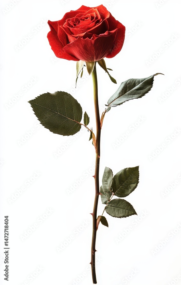 Obraz premium Elegant Red Rose with Green Leaves Isolated on White Background, Symbol of Love and Passion Perfect for Romantic Occasions and Floral Arrangements
