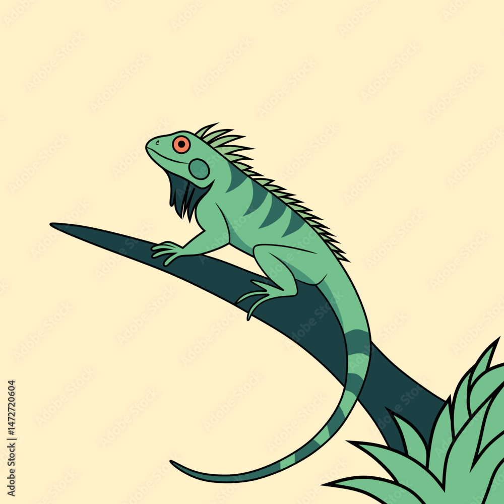Obraz premium A vibrant and detailed illustration of a green iguana on a branch, perfect for educational materials, nature-themed designs, and digital art projects.