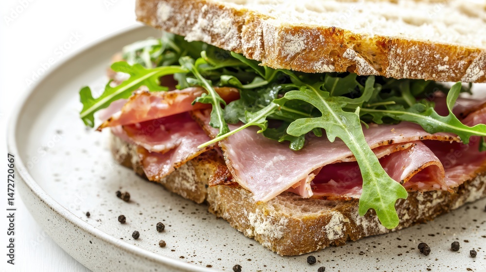 Obraz premium Rustic sandwich stacked with cured ham and fresh arugula on grey plate
