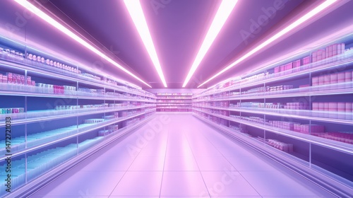 A vibrant  modern grocery store aisle illuminated with neon lights showcasing various products