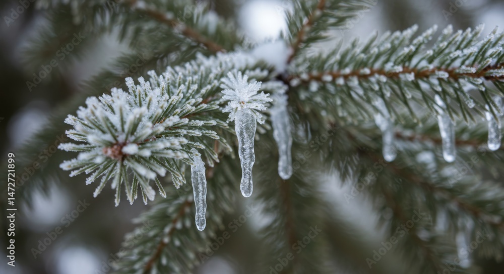 Close-Up of Frosted Pine Needles and Icicles in a Snowy Forest Close-Up of Frosted Pine Needles and Icicles in a Snowy Forest